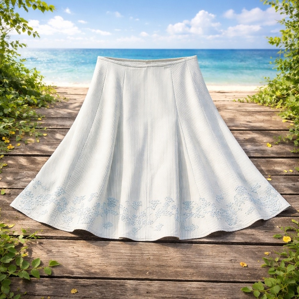 Ann Taylor Coastal Cotton Stripe Embroidered Skirt Size 4 Blue White A Line